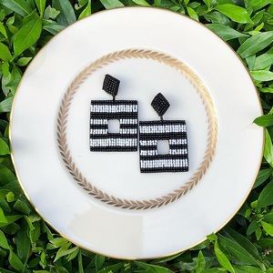 Black and White Beaded Square Earrings